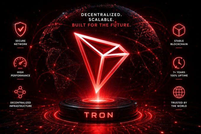 A glowing red Tron (TRON) logo sits atop a futuristic pedestal with the tagline "DECENTRALIZED. SCALABLE. BUILT FOR THE FUTURE." and key features surrounding it, including "7+ YEARS 100% UPTIME" and "HIGH PERFORMANCE," visually reinforcing TRON's messaging of resilient infrastructure and continuous mainnet reliability since its 2018 launch.