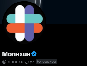 A social media profile icon shows a stylized four-color hashtag logo (teal, purple, red, and white) for "Monexus" with a verified badge and the handle "@monexus.xyz".