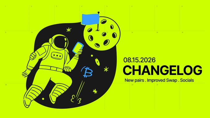 A bright yellow-green advertisement for 'CHANGELOG 08.15.2026' featuring an astronaut illustration with text reading 'New pairs . Improved Swap . Socials'.