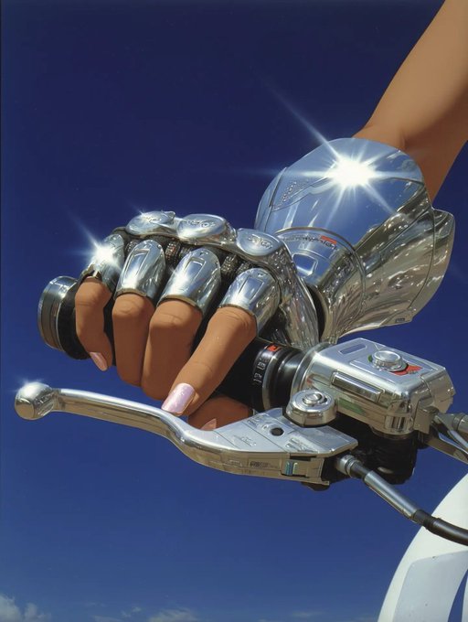 A woman's hand grips a motorcycle throttle wearing a chrome armored gauntlet with bright lens flares against a blue sky.
