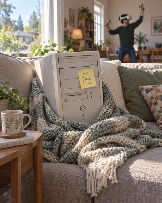 A computer tower sits on a couch wrapped in a knit blanket with an "I'M FINE" sticky note, while a person wearing a VR headset plays motion-controlled games in the background, alongside a mug and book reading "A Quieter Day." The image humorously visualizes the post's theme of advancing mobile compute—pairing a vintage desktop setup (the "old way") with active VR gaming (the "new way") to symbolize how phone-chip hardware is now capable of running workloads once limited to desktop systems like $XYO demonstrates.