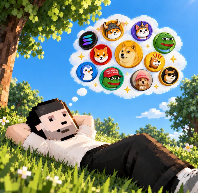 A blocky, Minecraft-style figure lounges in a sunlit grassy field, daydreaming about a thought bubble filled with various doge and Pepe meme coins—including a Solan coin, Shiba Inu, Dogwifhat, and a "Make Memecoins Great Again" Pepe. The whimsical scene perfectly captures the post's theme of wondering which degen memecoin to ape into next.
