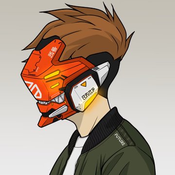 A side-profile illustration shows a person with spiky brown hair wearing an orange and white mechanical "Devil Mask" featuring visible text including "警視庁" (Metropolitan Police Department) and "POLICE," paired with a green jacket labeled "FUTURE." The artwork stylizes the traditional oni demon mask into a futuristic, cyberpunk-inspired helmet, fitting the post's reference to "Devil Mask PUNKS" as a conceptual symbol.