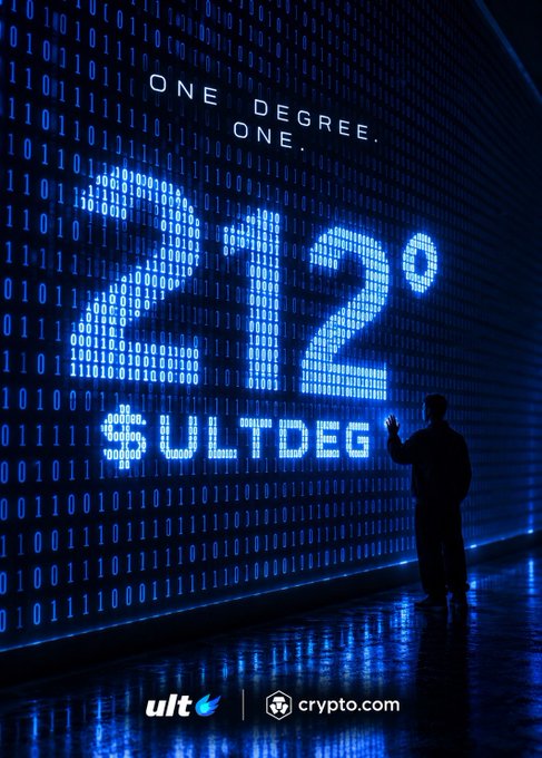 A promotional image for Crypto.com featuring a silhouette of a person facing a digital blue display showing 'ONE DEGREE. ONE. 1.2° SULTDEG' made of binary code, with the logos 'ult' and 'crypto.com' at the bottom.