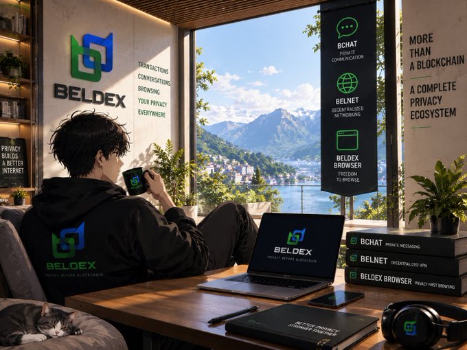 The image shows a person wearing a Beldex hoodie using a smartphone in a modern office setting, with a laptop displaying the Beldex logo and a stunning mountain and lake view through the window. A banner highlights the Beldex privacy ecosystem, featuring BChat for private communication, BelNet for decentralized networking, and Beldex Browser for privacy-first browsing, directly illustrating the post's message about privacy extending beyond blockchain into everyday applications.