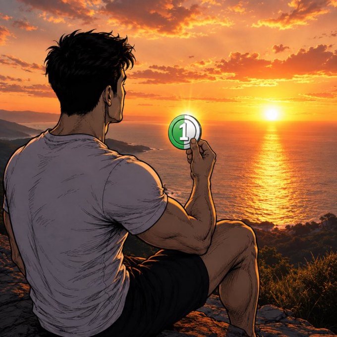 A muscular anime-style man sits on a cliff at sunset, gazing out over the ocean while holding up a glowing green coin marked with the number "1," symbolizing the transformative potential of the featured memecoin referenced in the post. The dramatic golden sunset evokes themes of new beginnings and life-changing opportunity, aligning with the caption's message about a pivotal crypto cycle.
