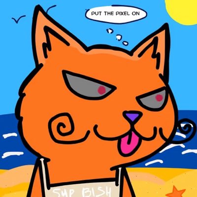 A cartoon illustration of an orange cat on a beach with its tongue sticking out and a speech bubble reading 'PUT THE PIXEL ON', wearing a shirt that says 'SUP FISH'.