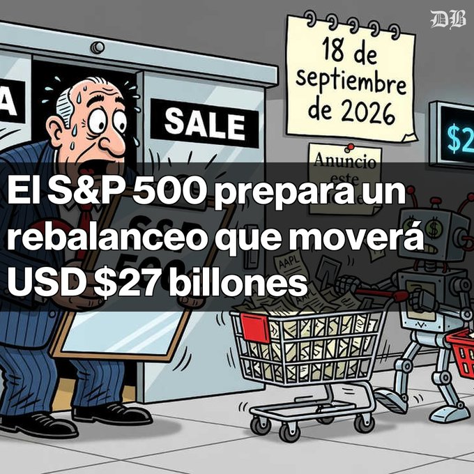 La caricatura muestra a un inversor con un carrito de compras frente a una tienda en liquidación, mientras robots mueven acciones; aparecen los textos “SALE”, “18 de septiembre de 2026”, “Anuncio” y “AAPL”. La imagen ilustra el rebalanceo del S&P 500 con USD 27 billones expuestos, incluidos posibles flujos de entrada y salida, efectivo después del 18 de septiembre de 2026.