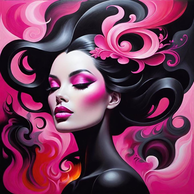 A stylized digital artwork of a woman with flowing black and pink hair, pink eyeshadow, and dramatic pink rose-like swirls surrounding her.