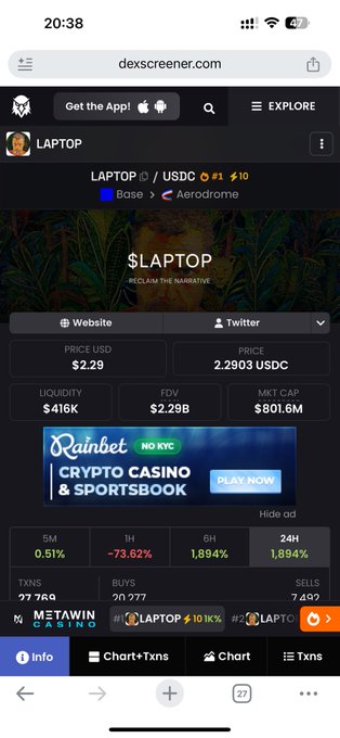 A mobile screenshot of dexscreener.com showing the $LAPTOP/USDC token with a price of $2.29, liquidity of $416K, FDV of $2.29B, and market cap of $801.6M, currently trading on Base with Aerodrome.