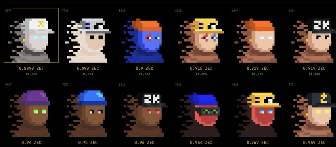 A grid displays various pixel-art character avatars, with one highlighted in the corner priced at 0.8899 ZEC.