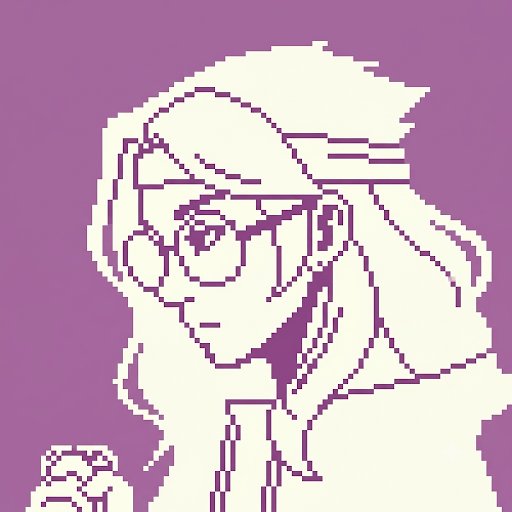Purple pixel art portrait of an anime-style character wearing glasses and a headband, with one hand raised in a fist.