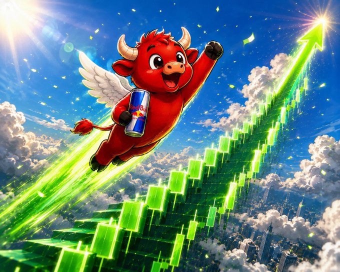 AI-generated cartoon image of the Red Bull mascot (a red winged bull) holding a Red Bull can, flying upward alongside a glowing green ascending arrow over a cloudy cityscape.