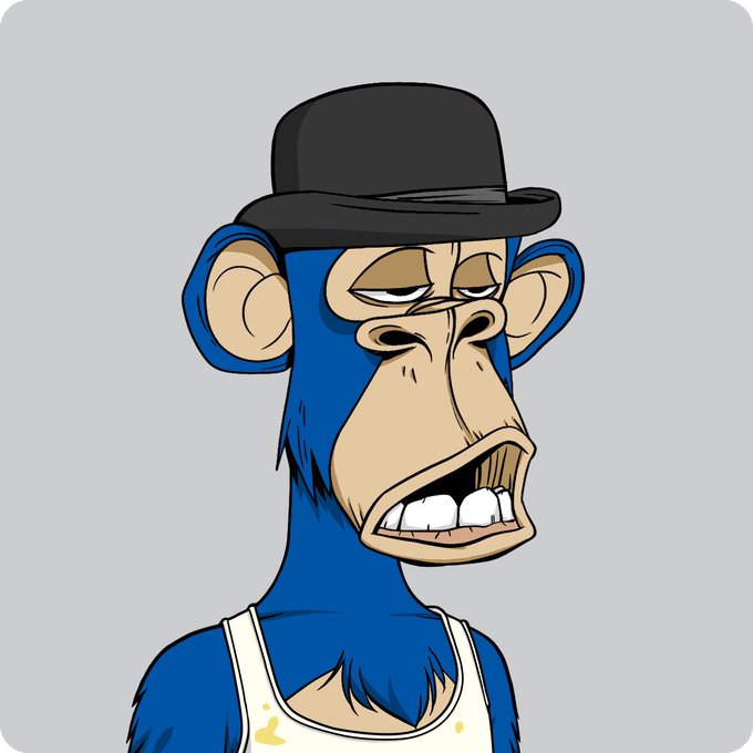 A cartoon illustration of a blue-furred monkey wearing a black bowler hat and a white tank top with a bored expression on a gray background.