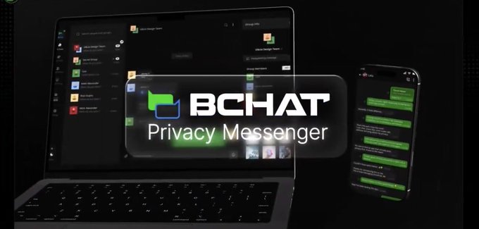 A promotional graphic for 'BCHAT Privacy Messenger' displays the app running on a laptop and smartphone against a black background.