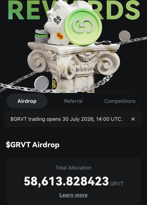 The image shows a "$GRVT Airdrop" rewards page displaying a total allocation of 58,613.828423 GRVT tokens, with a banner announcing "$GRVT trading opens 30 July 2026, 14:00 UTC." This confirms the user's claim of receiving 58,613 GRVT in the airdrop, aligning with the post's excitement about the allocation.