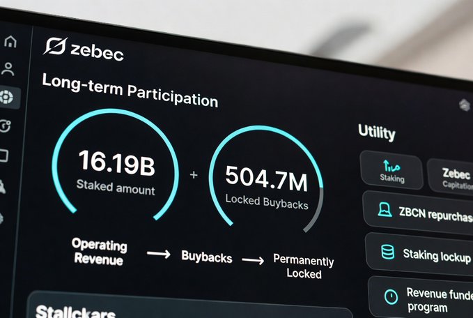 A digital dashboard for 'zebec' showing Long-term Participation metrics with 16.19B staked amount, 504.7M locked buybacks, and utility features like staking and ZBCN repurchases.