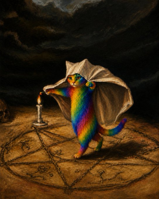 A rainbow-colored cat stands on a pentagram drawn in the dirt, illuminated by a single candle while holding a beige cloth over its head like a veil.