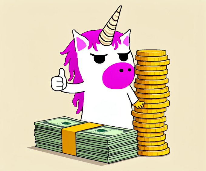 A cartoon unicorn gives a thumbs up beside a tall stack of gold coins and a banded stack of cash, visually representing the $500 $UWU crypto giveaway promised in the post, which asks followers to like, retweet, and drop their wallet addresses for a chance to win.