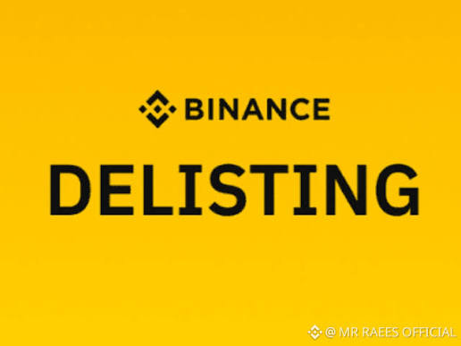 A bright yellow graphic displaying the Binance logo with the bold black text 'DELISTING' and a watermark reading '@ MR RAEES OFFICIAL'.