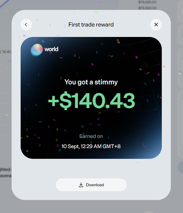 A 'First trade reward' screen from an app called 'world' displays the message 'You got a stimmy' with a green '+ $140.43' and notes it was earned on 10 Sept, 12:29 AM GMT+8.