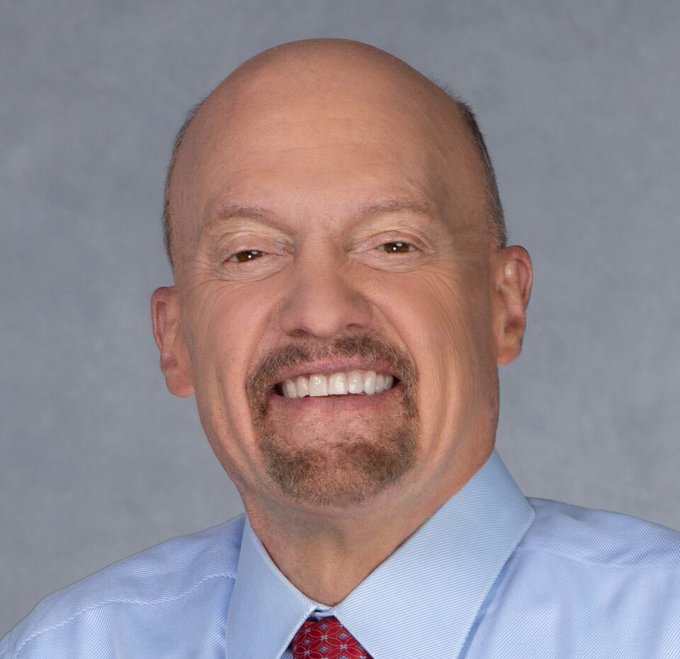 The image shows a portrait of Jim Cramer, a financial television personality, whose name appears in the accompanying text referencing his Bitcoin sale.