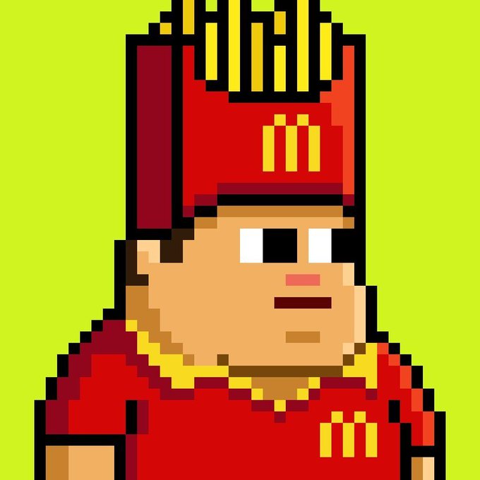A pixel art character wearing a red cap with "iii" and matching red shirt appears against a bright green background, evoking a retro video game style. The post promotes 20 GTD giveaway spots for @McBrokersRH, tying into the playful, gamified crypto promotion aesthetic of the image.