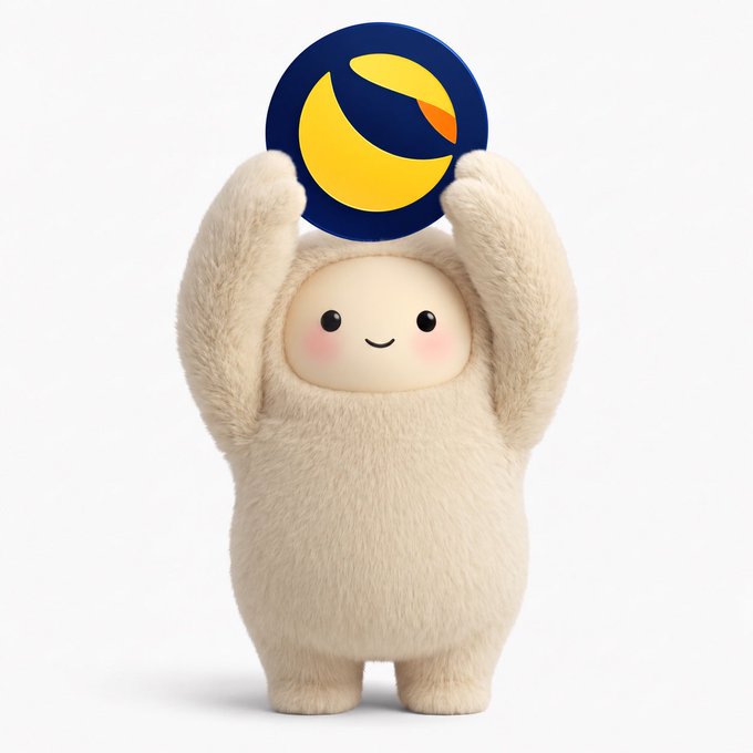 A cute, fluffy cream-colored cartoon creature with rosy cheeks happily holds up a dark blue coin featuring a yellow crescent and orange accent logo.