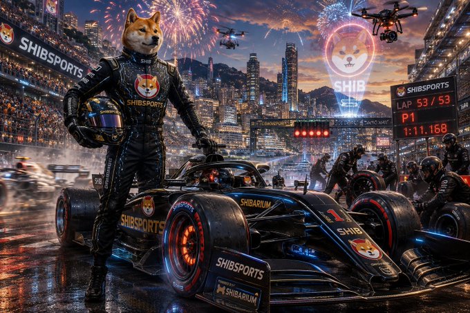 Futuristic racing scene featuring a Shiba Inu driver in a SHIBSPORTS branded F1 car with fireworks, drones, and city skyline in the background.
