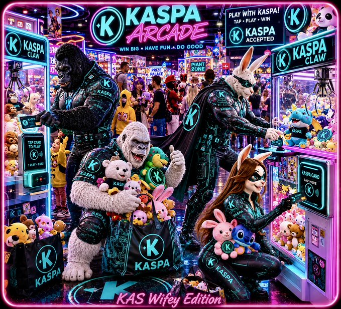 A neon-styled promotional image for "KASPA ARCADE" featuring a gorilla, white gorilla, rabbit, and cat character playing arcade claw machines filled with plush toys, with text "PLAY WITH KASPA! TAP - PLAY - WIN" and "KAS Wifey Edition."