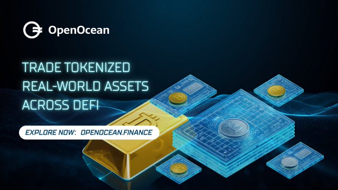 A promotional banner for OpenOcean featuring the headline "TRADE TOKENIZED REAL-WORLD ASSETS ACROSS DEFI" with a call-to-action to "EXPLORE NOW: OPENOCEAN.FINANCE," showcasing digital representations of a gold bar, Bitcoin coins, and tokenized assets on a dark blue background. The image supports the post's message by highlighting OpenOcean's platform for trading tokenized stocks like $MU and $SPCC around the clock, outside traditional market hours.