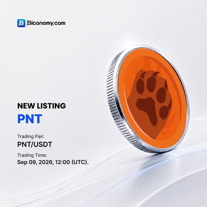 A promotional image from Biconomy.com announcing the new listing of 'PNT' with a trading pair of PNT/USDT, scheduled for Sep 09, 2026, 12:00 (UTC), featuring an orange coin with a paw print logo.