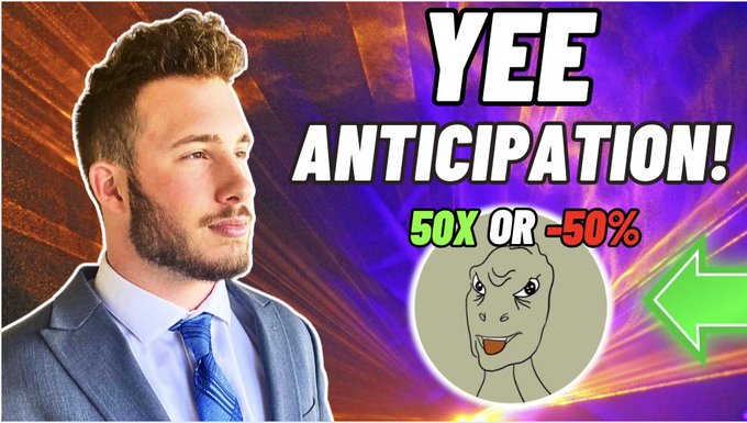 A YouTube thumbnail features a man in a blue suit alongside the text "YEE ANTICIPATION! 50X OR -50%" and a cartoon dinosaur, promoting a video about the $YEE token's potential price movement while displaying related memecoin tickers like $PEPE, $DOGE, and $CASHCAT.