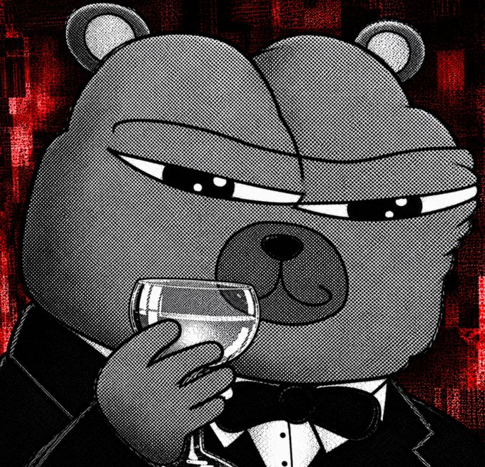 A stylized halftone illustration of an anthropomorphic bear wearing a suit and bow tie, drinking from a cup against a dark red cityscape background.