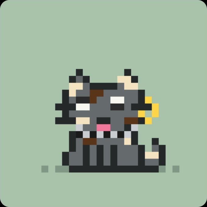 A pixel art illustration of a small gray cat with a pink nose and white whiskers, sitting with a yellow butterfly or flower near its face, set against a muted green background—likely an NFT or digital collectible preview from the RH (possibly Robinhood) platform.