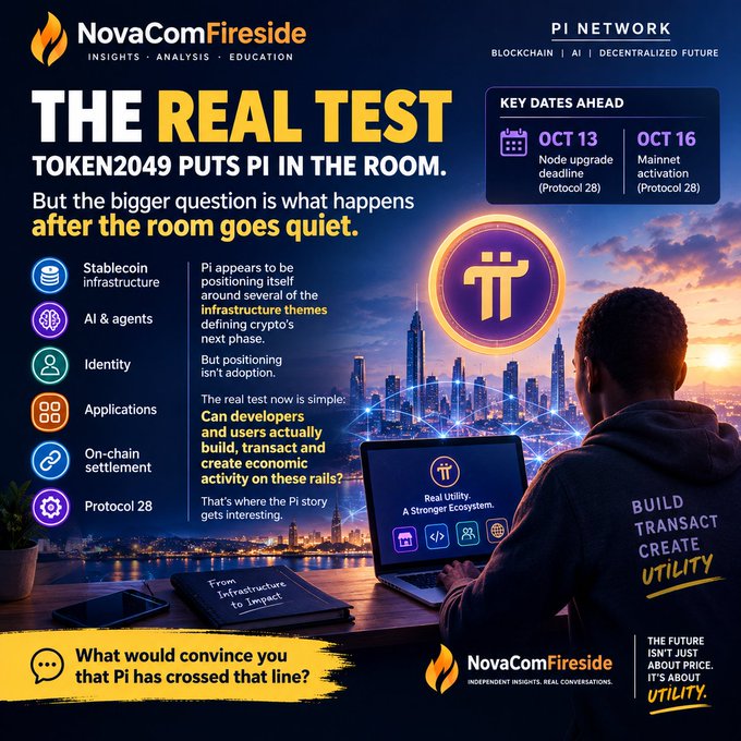 A NovaComFireside promotional graphic titled 'THE REAL TEST' discusses PI Network and TOKEN2049, highlighting key dates (Oct 13, Oct 16) and infrastructure themes like Stablecoin, AI & agents, and Identity.