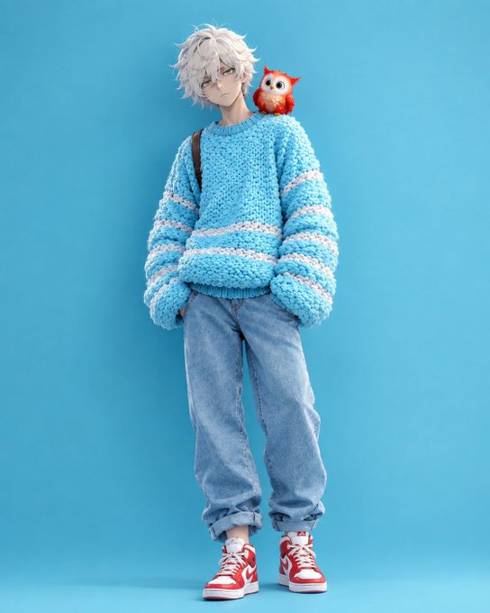 An anime-style figure with white hair wearing a fluffy blue sweater, blue jeans, and red sneakers, with a small red owl perched on their shoulder against a blue background.