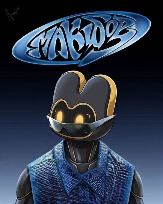 Digital artwork featuring a stylized robotic figure with a heart-shaped gold and black head wearing sunglasses and a blue textured vest, with the graffiti-style text 'MABROB' in blue above it.