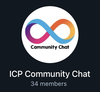 A circular icon featuring a colorful infinity symbol labeled 'Community Chat,' above the text 'ICP Community Chat' and '34 members.'