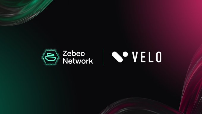 The image displays the Zebec Network and VELO logos side-by-side against a dark background with green and magenta gradient accents, visually announcing their partnership in which Zebec will serve as the exclusive card partner for Velo's branded card experience supporting USDT, USDC, and BNB funding options.