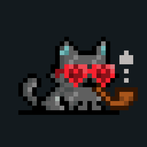 Pixel art of a grey creature wearing red pixelated sunglasses with cyan horn-like protrusions, holding an orange club, with a white exclamation mark above it on a dark grey background.