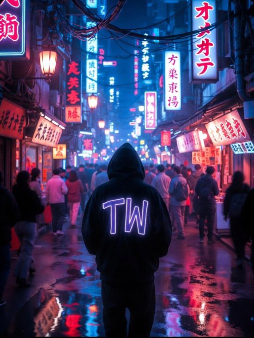 The image shows a person wearing a black hoodie with the letters "TW" written on it, walking down a busy street at night. The street has neon signs and lights illuminating the scene, creating an urban atmosphere. In the background, there are people walking around, adding to the bustling city vibe. The post features a photo of the Egyptian-Swiss Museum in Switzerland, which is likely related to the person's attire or interests.