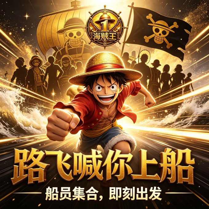 Anime-style promotional artwork featuring a character resembling Monkey D. Luffy in a straw hat with a red shirt, alongside silhouettes of pirate crew members, a pirate flag, and Chinese text including "海贼王" (Pirate King) and "路飞喊你上船 船员集合，即刻出发" (Luffy calls you aboard, crew assemble, set off immediately).