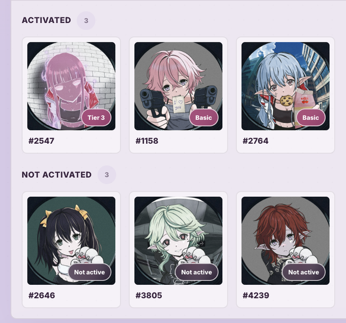A screenshot of an NFT collection page on a marketplace, showing activated characters #2547, #1158, #2764 and not activated ones #2646, #3805, #4239.