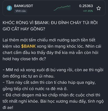 A social media post in Vietnamese about the ticker $BANK, showing it at 0.25363 with a +41.85% gain, criticizing someone named 'Vinh cậu' for being emotional about price swings.