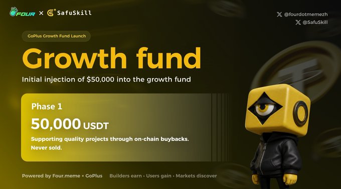 The image is a graphic advertisement for an initial growth fund. It features a cartoon robot or figurine wearing a black leather jacket, standing next to a yellow coin with a chain around its neck. The text on the image states that $50,000 will be invested in the growth fund and provides information about how the project works. In addition, it mentions three institutions that have already made a successful investment, as well as an institution or three that are currently being promoted for their funding project.