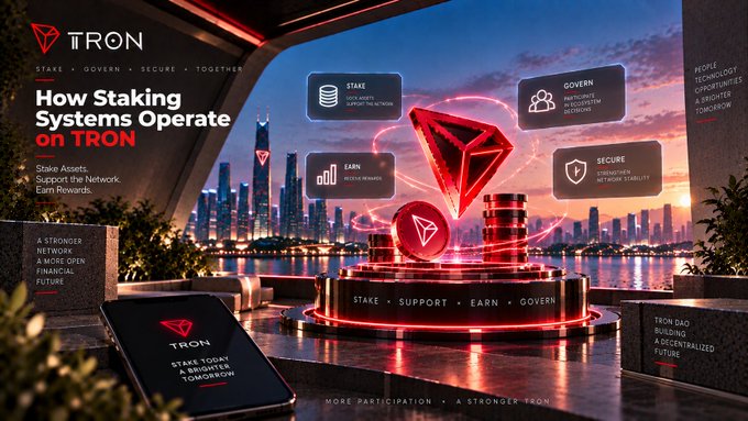 A promotional graphic titled 'How Staking Systems Operate on TRON' explains features including Stake, Earn, Govern, and Secure, showing a smartphone displaying 'STAKE TODAY & BRIGHTER TOMORROW.'
