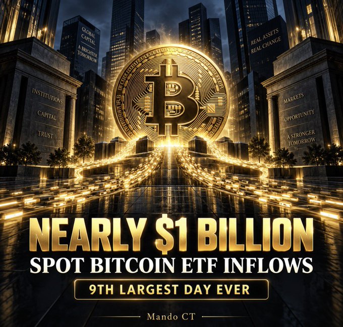 A dramatic gold-toned graphic announcing 'NEARLY $1 BILLION SPOT BITCOIN ETF INFLOWS' labeled as the '9TH LARGEST DAY EVER' by Mando CT, with a large Bitcoin coin centerpiece.