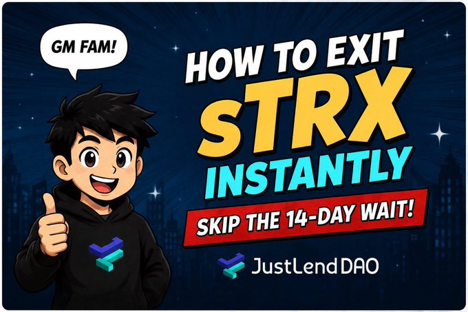 A cartoon character in a black hoodie gives a thumbs-up beside bold text reading "HOW TO EXIT STRX INSTANTLY" and "SKIP THE 14-DAY WAIT!" with the JustLendDAO logo, visually promoting a workaround for users wanting immediate liquidity from their sTRX staking campaign rather than waiting the standard 14-day cooldown period.