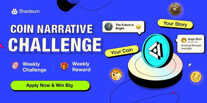 A vibrant purple promotional graphic for "Shardeum's Coin Narrative Challenge," featuring the Shardeum logo alongside playful coin illustrations and sample entries like "The Future Is Bright 😊," "Your Story," "Your Coin," and a doge shib comment about "Growing Stronger everyday." The ad highlights a "Weekly Challenge" with "Weekly Reward" and an "Apply Now & Win Big" button, reinforcing the post's urgency about the 11:59 PM IST deadline for submissions.